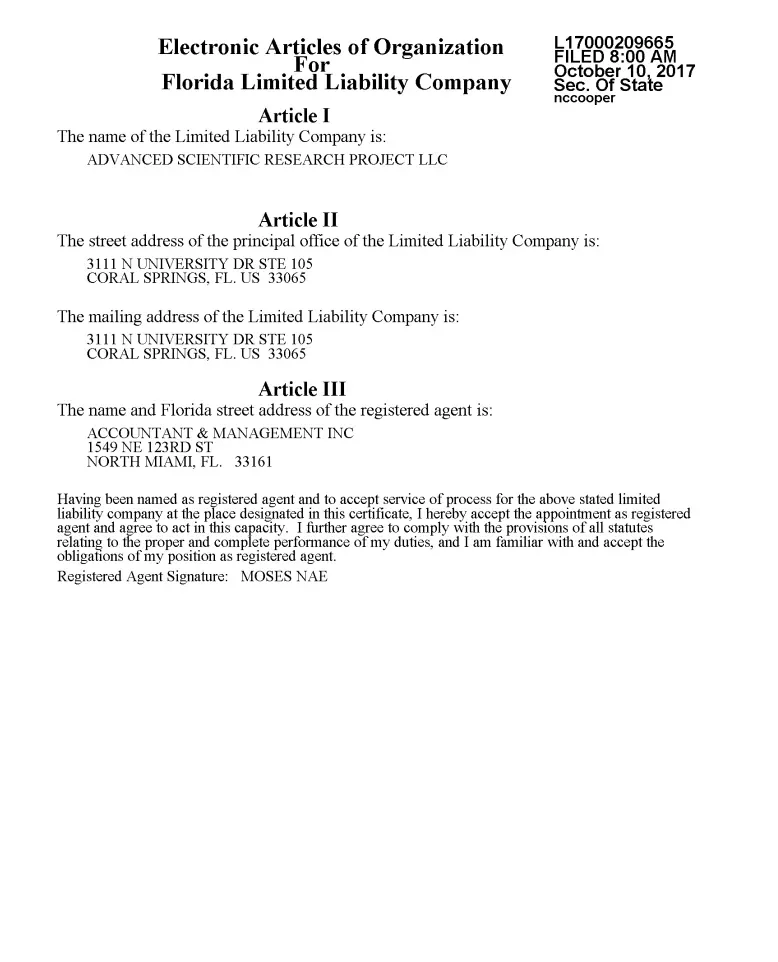 Florida LLC Articles of Organization