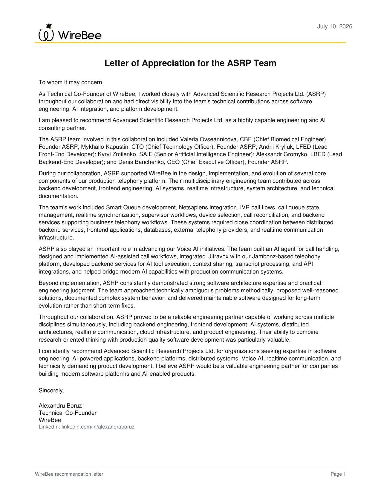 Wirebee — ASRP Team Appreciation Letter